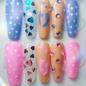 Gender Reveal Press-On Nails | Baby Shower Nails | Reusable Pink & Blue Nails with Gems | Handmade Gel Nails for Special Occasions