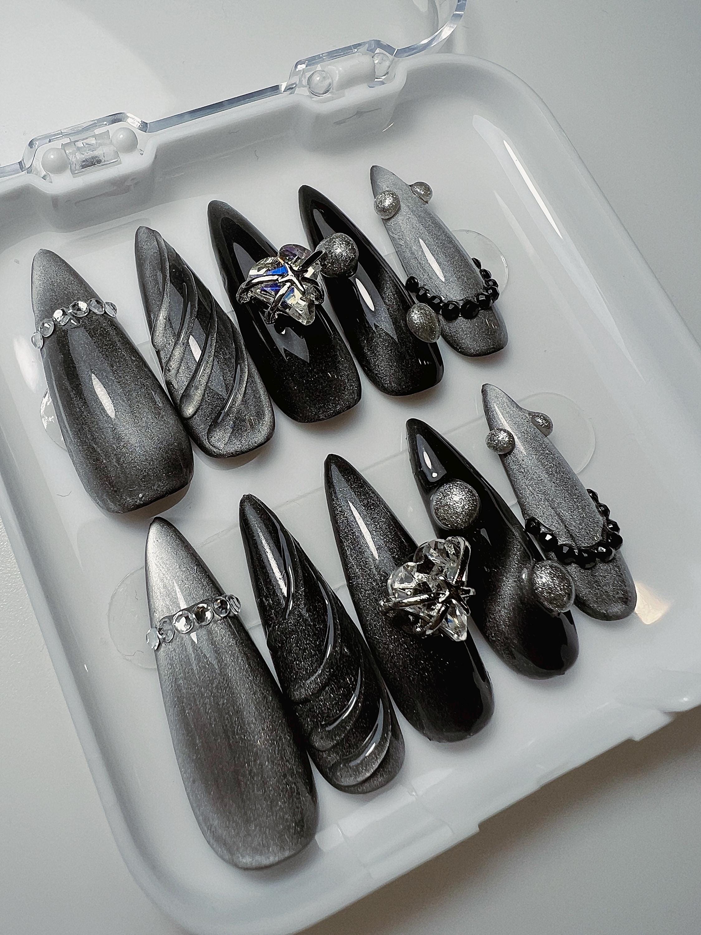 Nails Reusable Press on Nail Gothic Black Cat Eye Press on Nails