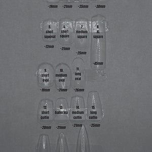 Könnte beinhalten: Eine Anleitung zu verschiedenen Nagelformen und -größen mit Maßen in Millimetern. Die Formen umfassen Mandel, Squoval, Quadrat, Oval, Sarg und Stiletto.