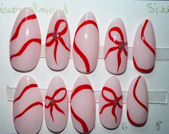 Handgefertigte Schleife Press On Nails: Rotes Band, Milky Pink, Salon Qualität