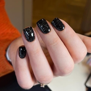 Nails reusable gel nail set Black nails top rated must have nails Glitter Press-On Nails: Reflective Sparkle, Customizable Reusable set gel