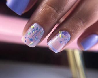 Uñas postizas con purpurina morada y punta francesa: juego de uñas de gel pastel Y2K Juego de uñas de primavera Uñas postizas reutilizables