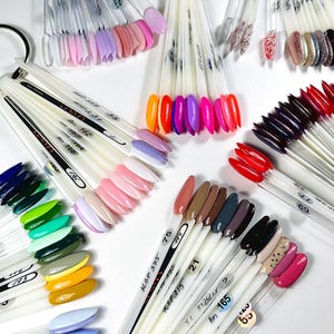 Könnte beinhalten: Eine Nagellack-Farbkarte mit einer Vielzahl von Farben, darunter Rosa, Rot, Grün, Blau und Braun. Die Karte ist nach Farbfamilien geordnet und enthält Nummern für jede Farbe.