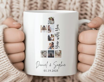 May include: White ceramic mug featuring a collage of photos, with the text "Year with You" vertically on the side. The mug is personalized with the names "Daniel & Sophie" and the date "01.19.2025".