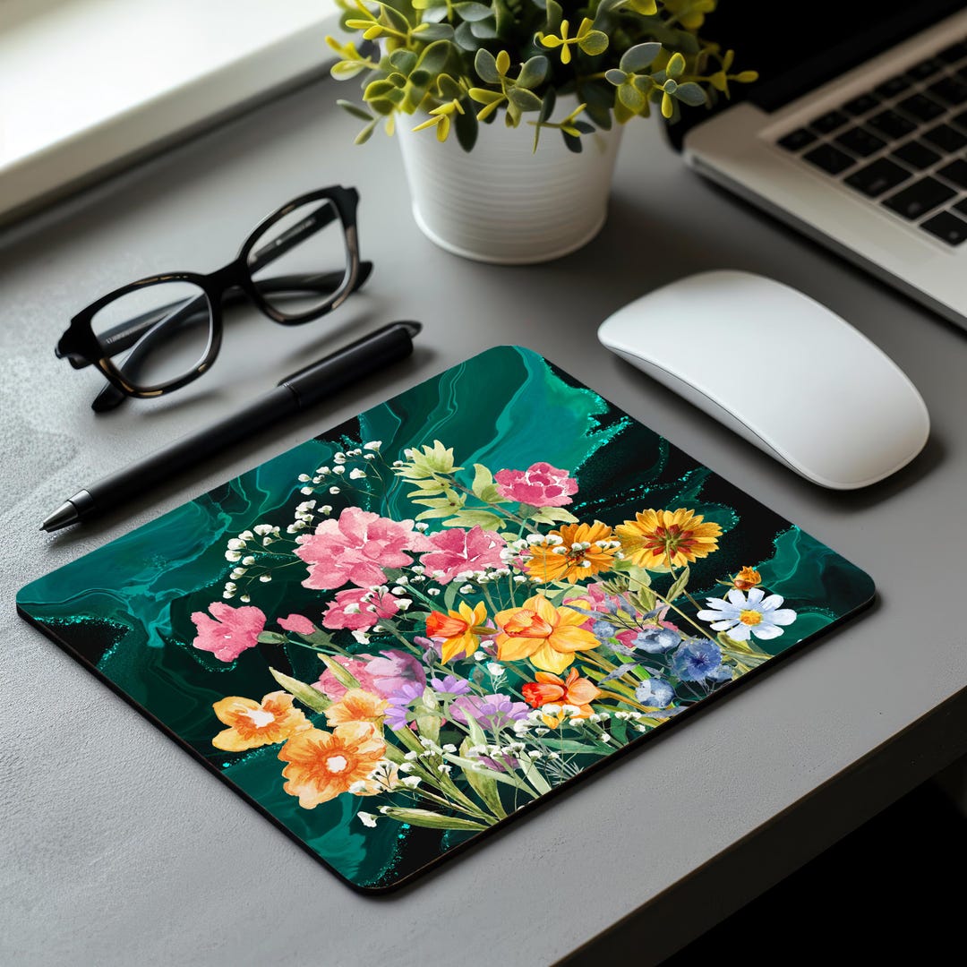 Emerold Mouse Computer Emerald Green Floral Mouse Pad: Wildflower Computer Desk Decor - Etsy