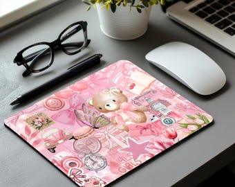 Alfombrilla de ratón con diseño de oso de peluche rosa, tapete de escritorio kawaii, decoración gamer femenina