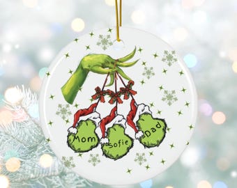 Gepersonaliseerde keramisch ornament familie Grinch, aangepaste namen, decoratie voor de feestdagen