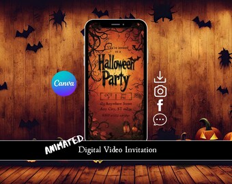 Könnte beinhalten: Animierte digitale Videoeinladung zu einer Halloween-Party mit einem gruseligen, gotischen Design. Die Einladung zeigt einen dunklen Hintergrund mit Ranken und Fledermäusen und den Text "You're invited to a Halloween Party" in einer fetten, gotischen Schrift.