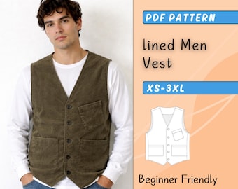 Men's Vest Sewing Pattern PDF, Lined Waistcoat Pattern, V-Neck Sleeveless Gilet Jacket, Vintage Workwear, DIY Classic Suit Men Clothing
