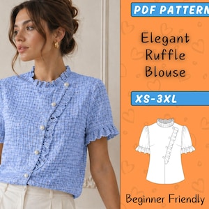 Peut inclure: Un chemisier à volants bleu clair avec des manches courtes et des boutons nacrés. Le chemisier est en tissu texturé et possède un col et une garniture à volants. Le texte "Elegant Ruffle Blouse" et "XS-3XL" est également inclus.