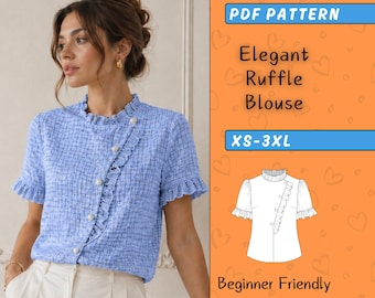 Elegant Blouse Sewing Pattern PDF, Ruffle Collar Cottagecore Gingham Shirt DIY, Vintage Women's Plaid Top, Sizes XS-3XL, Beginner Friendly