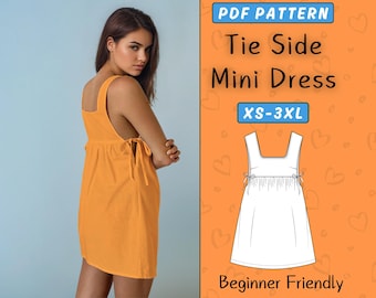 Biba Mini Dress Pattern | Tie sides Square Neck Summer Dress Sewing Pattern | A Line Mini Dress PDF | Women Linen Dress | instant download
