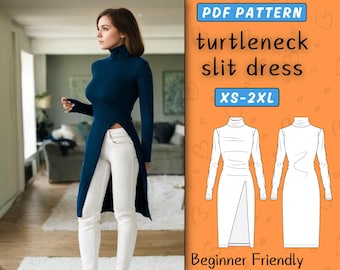 Turtleneck Slit Dress Pattern |  Bodycon Long Sleeve  Dress Sewing Pattern | Stretchy Easy Beginner Women Dress Pattern | Sizes: XS - 2XL