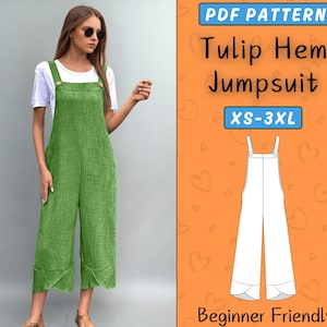 Tulip Hem Jumpsuit PDF Pattern, Dungarees Sewing Pattern, Comfy Overalls Jumpsuit For Women, Easy Beginner Sewing Pattern, Sizes XS-3XL