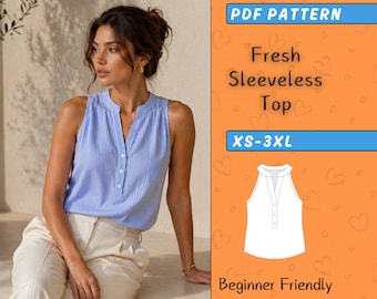 Linen Sleeveless Blouse Sewing Pattern PDF, V-Neck Notched button front Top, Easy Summer Shirt, Loose Fit Tank, Beginner Friendly, XS-3XL