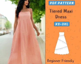 Tiered Dress Sewing Pattern PDF | Maxi Sundress Pattern | Square Neck Summer Comfy Dress | Casual Dress Beginner Friendly Sewing XS–3XL