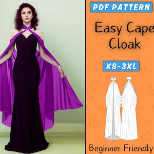May include: A PDF sewing pattern for an easy cape cloak. The pattern is available in sizes XS-3XL and is beginner friendly. The image shows a model wearing a purple cape cloak over a black dress.