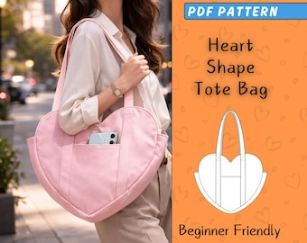 Heart Tote Bag Sewing Pattern, Quilted Shopping Bag with Pocket PDF, Canvas Shopper Bag For Women, Easy Beginner Handbag Carrying for Women