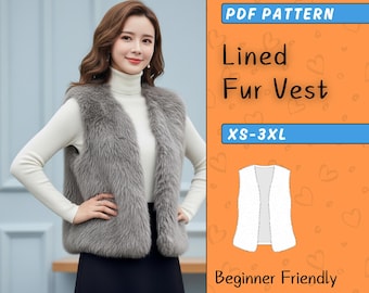 Fur Vest Sewing Pattern For Women, Fluffy Fleece Jacket Top PDF Pattern, Sleeveless Loose Coats, Lined Cozy Crop Vest For Beginners, XS–3XL