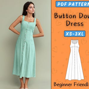 Button Down Linen Dress Sewing Pattern PDF, Square Neck Sleeveless A-Line Summer Dress, Easy Cottagecore Maxi Dress Pattern Women XS-3XL