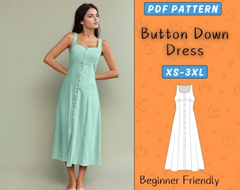 Button Down Linen Dress Sewing Pattern PDF, Square Neck Sleeveless A-Line Summer Dress, Easy Cottagecore Maxi Dress Pattern Women XS-3XL