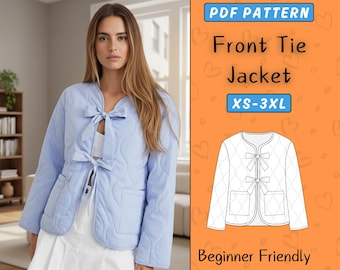 Wykrój na kurtkę z wiązaniem z przodu | Wykrój PDF na obszerny pikowany płaszcz dla kobiet | Kurtka patchworkowa z długim rękawem w formacie cyfrowym PDF, rozmiary XS-XXXL