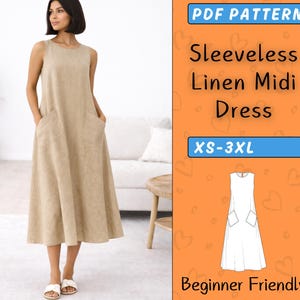 May include: A beige sleeveless linen midi dress with a round neckline and two front pockets. The dress has an A-line shape. The image includes text: "PDF Pattern", "Sleeveless Linen Midi Dress", "XS-3XL", and "Beginner Friendly".