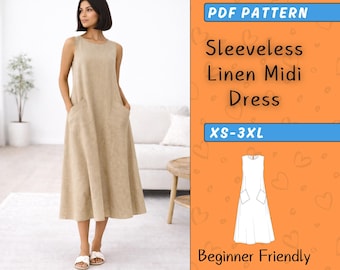 Linen Sleeveless Midi Dress Sewing Pattern, Easy Summer Sundress with Pockets PDF, Beginner Friendly, Basic Round Neck Dress, XS-3XL