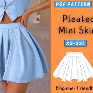 Pleated Mini Skirt Sewing Pattern, Women High Waist Mini Skirt PDF Pattern | XS-3XL | School Skirt With Buttons Beginner, Easy Skater Skirt