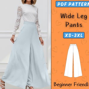 Può includere: Una persona indossa un top bianco con maniche in pizzo e pantaloni a gamba larga azzurri. L'immagine include anche una grafica per un modello PDF di pantaloni a gamba larga, disponibile nelle taglie XS-3XL, ed etichettato come adatto ai principianti.