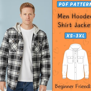 May include: A black and white checked hooded shirt jacket with a light grey hood, worn over a white t-shirt. The image includes text that reads "PDF Pattern", "Men Hooded Shirt Jacket", "XS-3XL", and "Beginner Friendly".