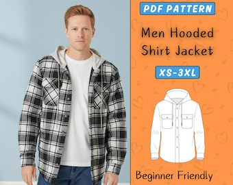 Men Hooded Shirt Jacket Pattern PDF | Winter Lined Jacket Sewing Pattern for Beginners XS–3XL | Easy Long Sleeve Button Up Men's Jacket PDF