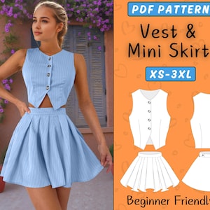 May include: A light blue vest and mini skirt set with vertical stripes. The vest has a button-up front. The image also includes a PDF pattern with illustrations of the vest and skirt, along with the text "Vest & Mini Skirt" and "XS-3XL".