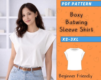 Batwing Top Sewing Pattern PDF, Oversized Boxy Tee Shirt Pattern, Relaxed Fit Sweatshirt Style, Easy Beginner Digital Download XS-3XL