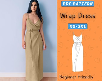 Wrap Dress Sewing Pattern PDF: V-Neck Tie Waist, XS-3XL (A0, A4, US Letter)
