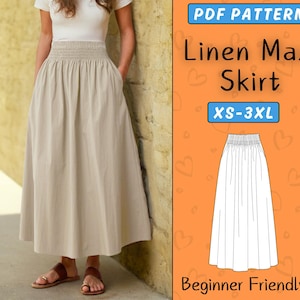 Linen Maxi Skirt with Pockets Sewing Pattern | Easy Skirt PDF Pattern For Women | Summer gathered Vintage skirt | Beginner Friendly, XS-3XL