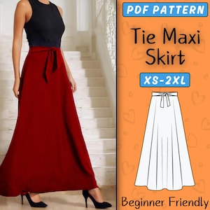 Maxi Long Skirt Pattern | Women Circle knot Skirt PDF Sewing Pattern | Easy High waisted flared Skirt, Sizes: XS - XXL, Beginner Friendly