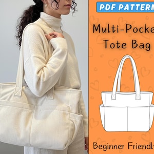 May include: A cream-colored corduroy tote bag with multiple pockets is held by a person wearing a cream-colored turtleneck sweater. The bag has two exterior pockets and a structured design. The image also includes a graphic of the bag and text that says "PDF Pattern" and "Beginner Friendly".
