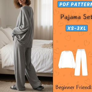 Może przedstawiać: Kobieta w szarym zestawie piżamowym. Obraz zawiera grafikę z tekstem "PDF PATTERN Pajama Set XS-3XL Beginner Friendly" oraz rysunek linii zestawu piżamowego.