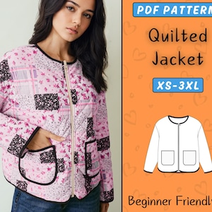 Quilted Jacket Pattern, Coat Pdf sewing pattern, Women&#39;s Jacket Patterns For Beginner, Flora Vintage Patchwork with pockets, 7 Sizes XS-3XL
