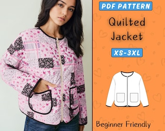 Padrão de jaqueta acolchoada, padrão de costura para casaco em PDF, padrões de jaqueta feminina para iniciantes, patchwork vintage Flora com bolsos, 7 tamanhos XS-3XL