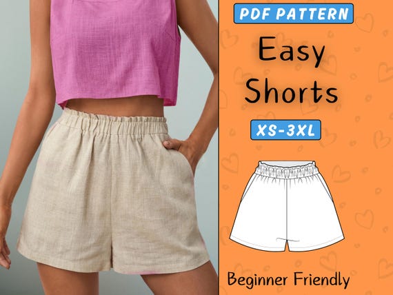 Easy Shorts Pattern | Women Elastic shorts with pockets PDF Sewing Pattern | XS-3XL | Waistband Shorts Beginner | Summer High Waist Shorts