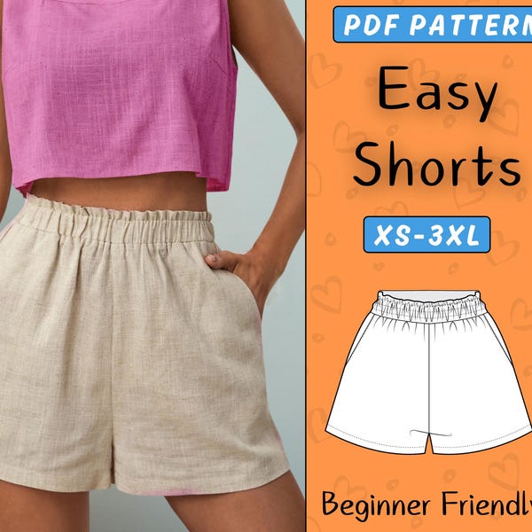 Easy Shorts Pattern | Women Elastic shorts with pockets PDF Sewing Pattern | XS-3XL | Waistband Shorts Beginner | Summer High Waist Shorts