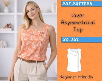 Asymmetrical Summer Top Sewing Pattern, Sleeveless Blouse PDF, Women's Casual Shirt DIY, Digital Pattern For Beginner, Sizes XS–3XL