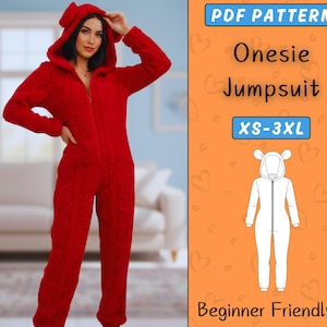 May include: A red onesie jumpsuit with a hood featuring bear ears. The jumpsuit has a front zipper and is shown on a person. The image also includes a pattern diagram and text that reads "PDF Pattern Onesie Jumpsuit XS-3XL Beginner Friendly."