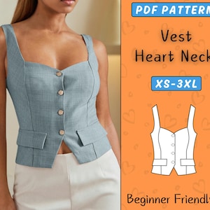 Weste Schnittmuster, Weste PDF Pattern für Frauen, Trendy Button Up Top Blazer, Anzug Weste mit Herz Ausschnitt, Cropped Frauen Weste Schnittmuster