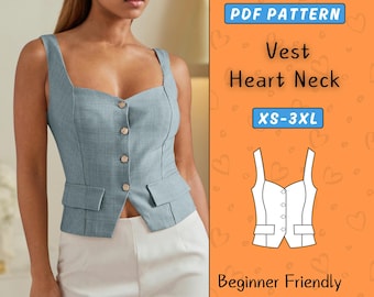 Heart Neck Vest Sewing Pattern: Trendy Cropped Waistcoat (PDF Pattern, XS-3XL)