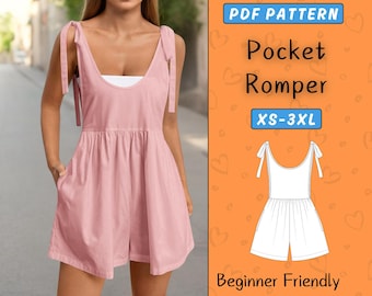 Romper Pattern, Women’s Overall Pocket Sewing Pattern, Dungarees Playsuit Pattern PDF, Tie Shoulder Romper, Sizes XS–3XL Beginner Friendly