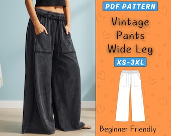 Vintage Wide Leg Pants Sewing Pattern, High Waisted Women Trousers with Pockets, Easy Elastic Waistband Lounge Wear PDF, Oversize Pattern