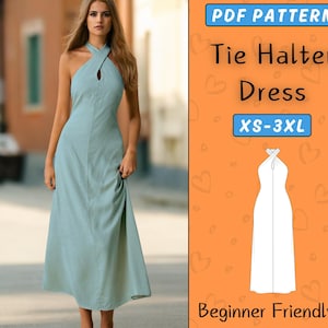Halter neck dress pattern, Dress Pdf Sewing Pattern, Halter Dress With Open Back for Women, Beginner Pattern, Backless Maxi Dress Pattern
